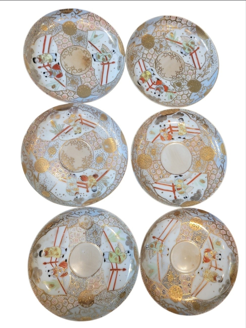 Set of 6 Decorative Kutani-Style Porcelain Saucer Dishes with Gold Detail